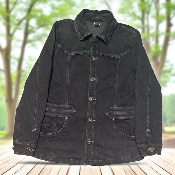 Christopher Blue Women’s Black Stretch Denim Jacket Size L Longline Button - Picture 1 of 3